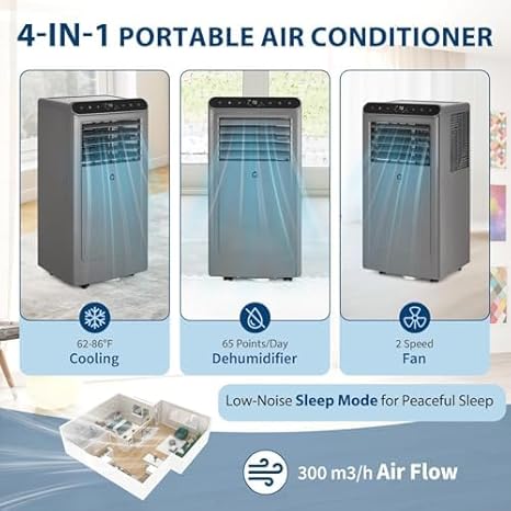 8000 BTU Portable Air Conditioners, 3-in-1 Portable AC Unit with Dehumidifier, Quiet Air Conditioner for Bedrooms and Offices up to 350 Sq.Ft, Remote Control & 24H Timer, Grey & Black