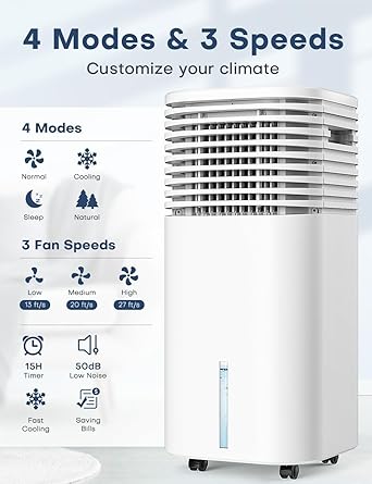 Windowless Air Conditioner, Swamp Cooler with 4 Modes & 3 Speeds, 15H Timer for Smart Auto-off, 2-Gal Tank for 20H Cooling, Remote, 120° Oscillating Portable Air Conditioners No Hose Needed