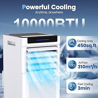 Portable Air Conditioners, 10000 BTU Portable AC up to 450 Sq.Ft, 3 in 1 AC Unit with Cool, Dehumidifier & Fan Modes, Remote Control & 24H Timer, AC Unit for Bedrooms, Living Rooms & Apartments